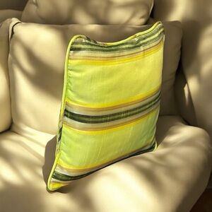 MCM Accent Throw Pillow Lime Green Striped w Black Tan Gray- Silky Feel 11”x 12”
